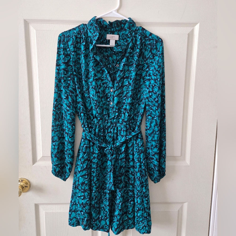 LOFT Teal and Black Patterned Long Sleeve Dress Sz 0